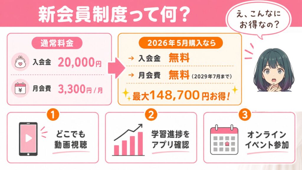 新会員制度は、2026年5月購入なら入会金・年会費を合わせて最大168,700円お得になることを説明した図解