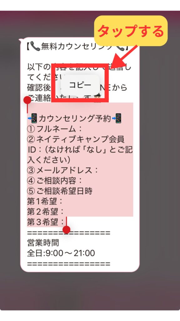 ネイティブキャンプ留学公式LINEのカウンセリング予約テキストをコピーした状態の画面。