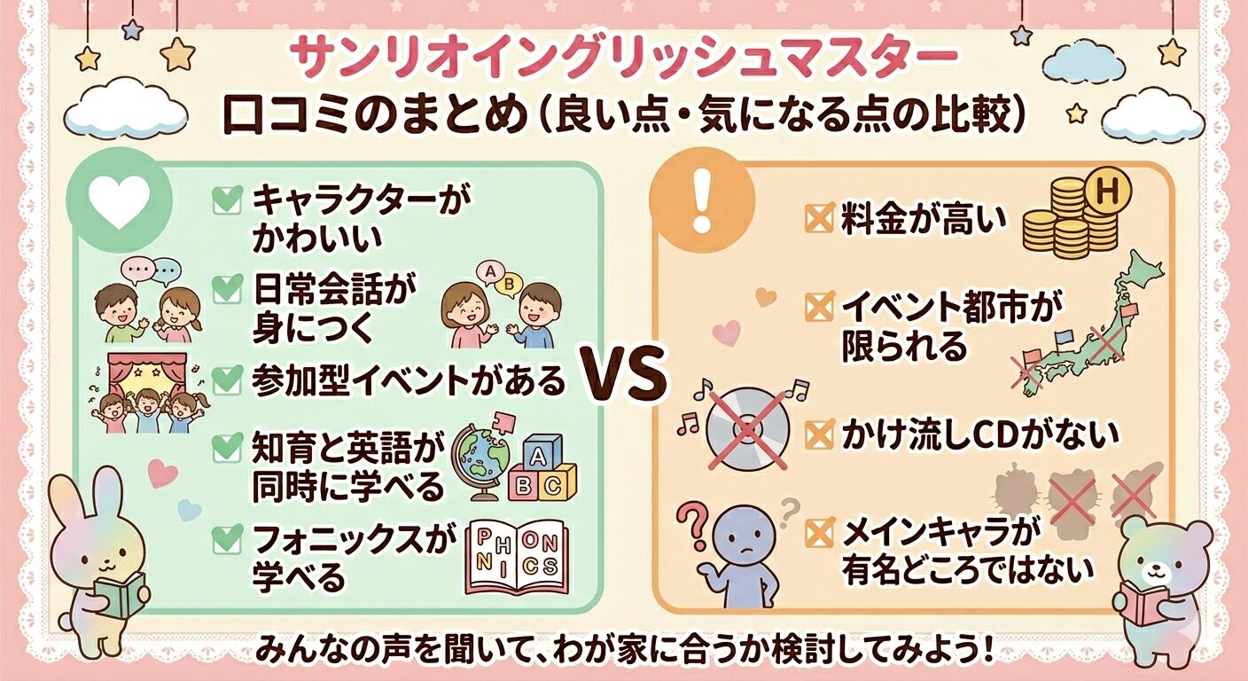 サンリオイングリッシュマスターの口コミまとめ(良い点・気になる点)を比較した図解