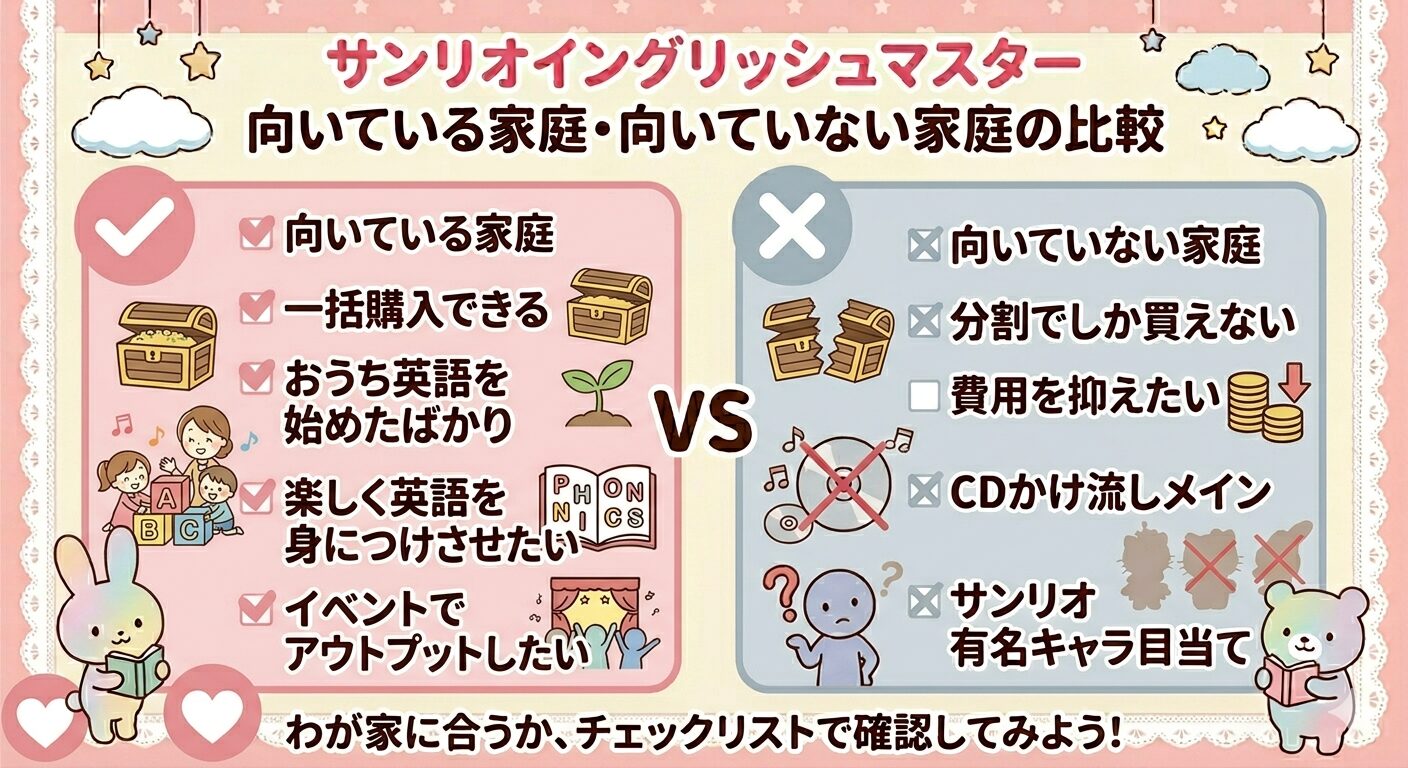サンリオイングリッシュマスターが向いている家庭・向いていない家庭を比較した図解