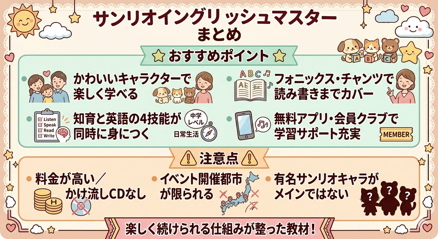 サンリオイングリッシュマスターのおすすめポイントと注意点をまとめた図解