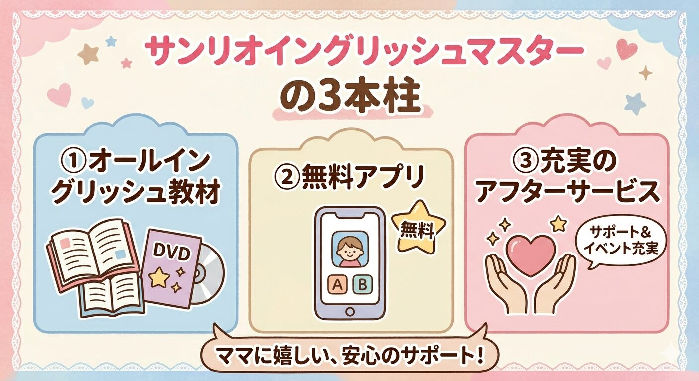 サンリオイングリッシュマスターの学びを支える3本柱(オールイングリッシュ教材・無料アプリ・アフターサービス)の図解