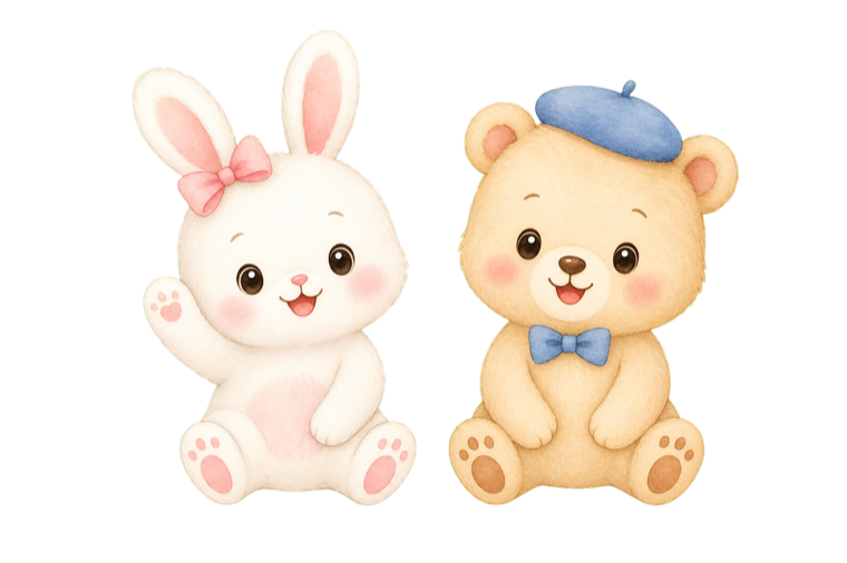 白いうさぎとベージュの子グマが並んで座っているイラスト