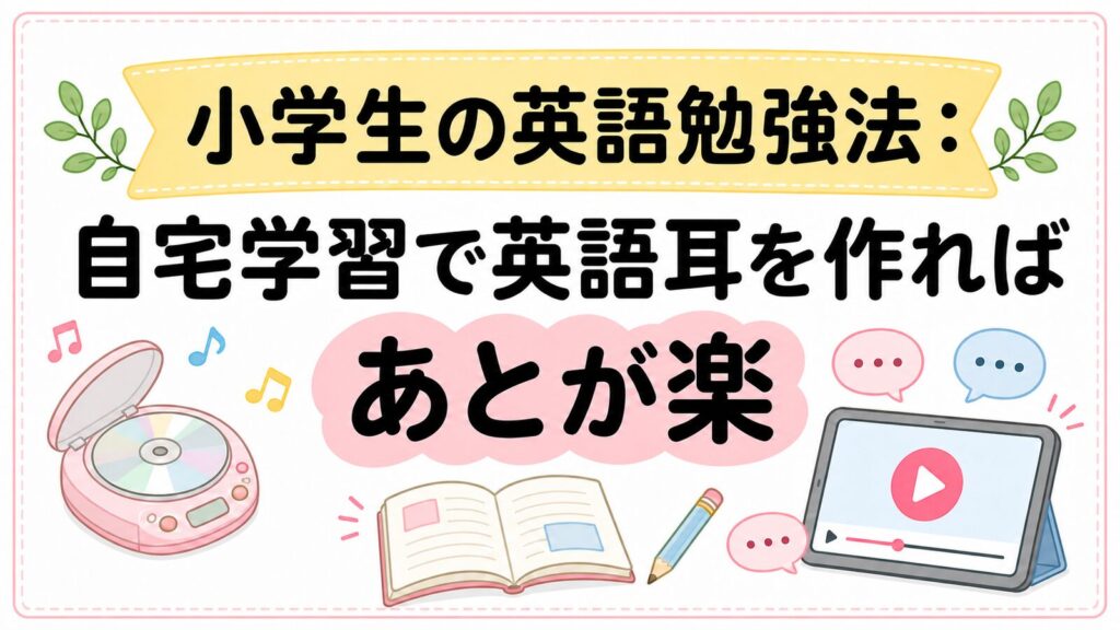小学生の英語勉強法として、自宅学習で英語耳を作る流れを示したアイキャッチ画像