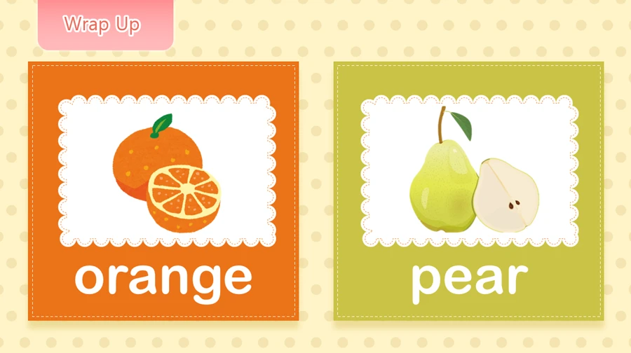 QQキッズの教材English for Little Onesのレッスン画面。orangeとpearの2つの単語