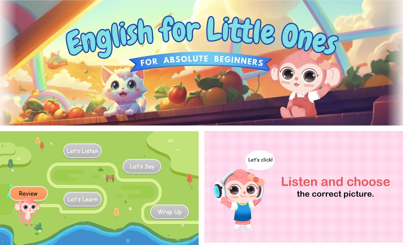 QQキッズの教材English for Little Onesのタイトル画像とレッスン画面