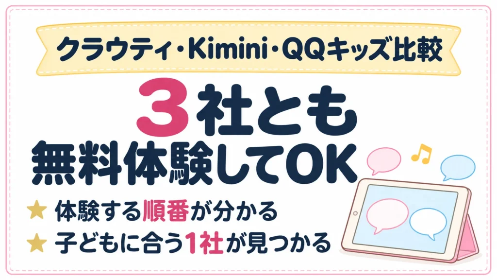 クラウティ・Kimini・QQキッズの比較。3社とも無料体験してOK、体験する順番が分かり、子どもに合う1社が見つかる