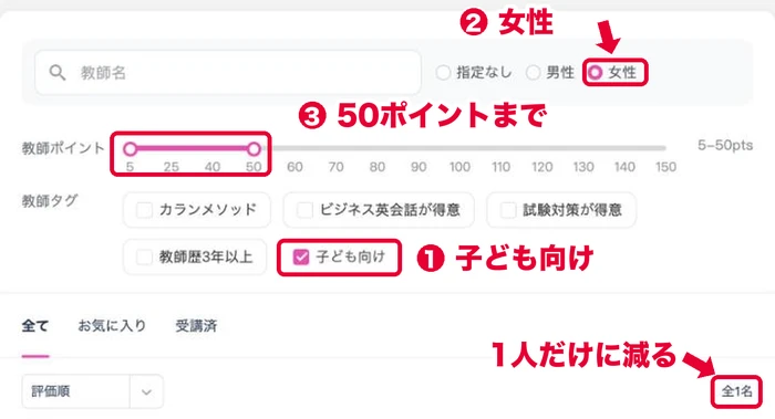 QQキッズの予約画面で子ども向け・女性・50ポイントまでを足すと講師は1人