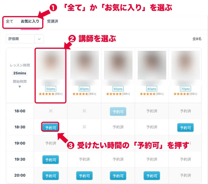全てかお気に入りのタブ・講師・予約可のボタンを選ぶ手順